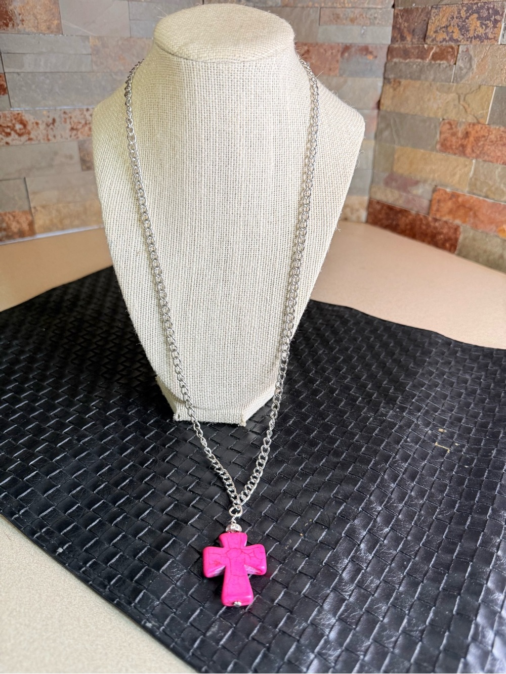 Homemade 26” Silver-toned Chain Necklace with Hot Pink Cross Pendant